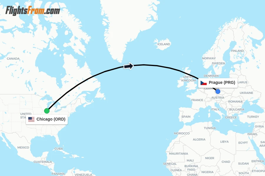 Flights from Chicago to Prague route map