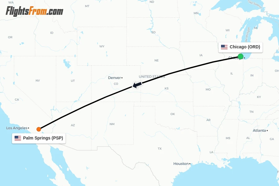 Flights from Chicago to Palm Springs route map