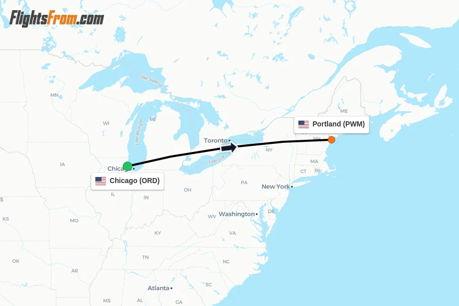 Flights from Chicago to Portland route map