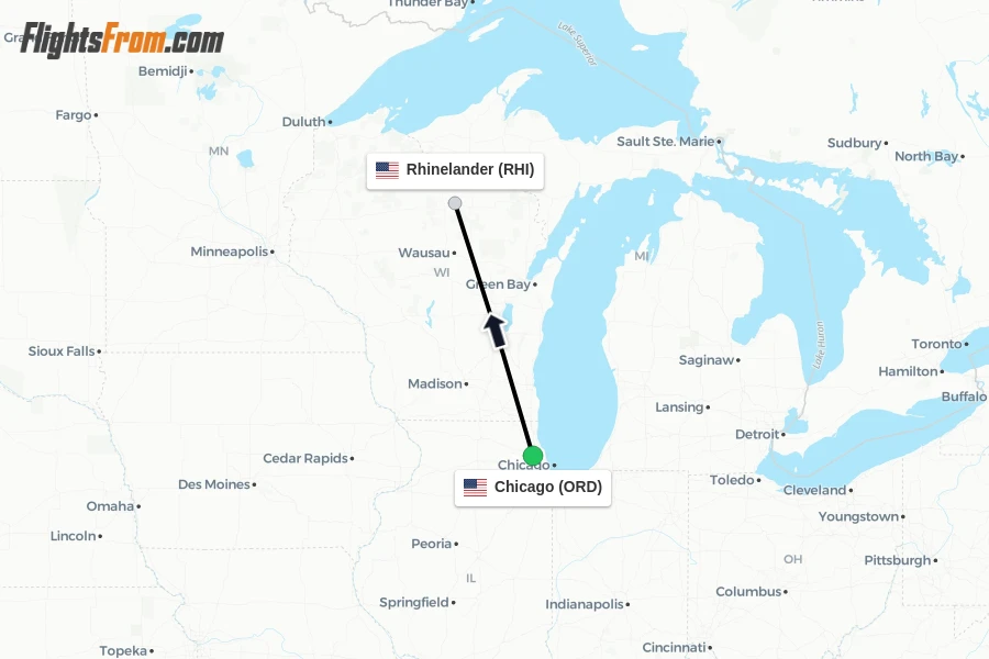 Flights from Chicago to Rhinelander route map