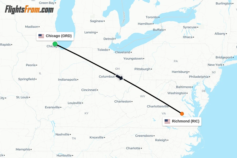 Flights from Chicago to Richmond route map