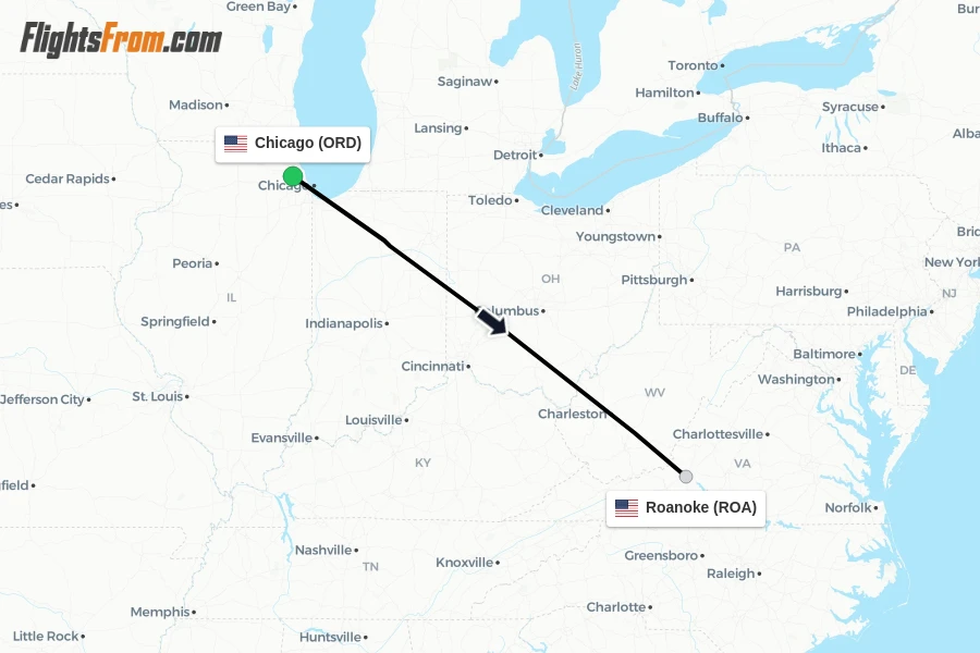 Flights from Chicago to Roanoke route map
