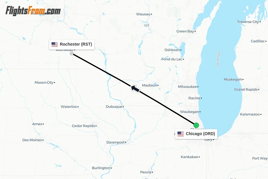 Flights from Chicago to Rochester route map