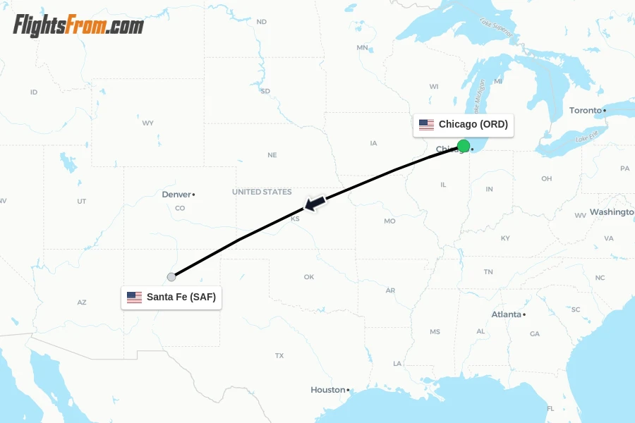 Flights from Chicago to Santa Fe route map