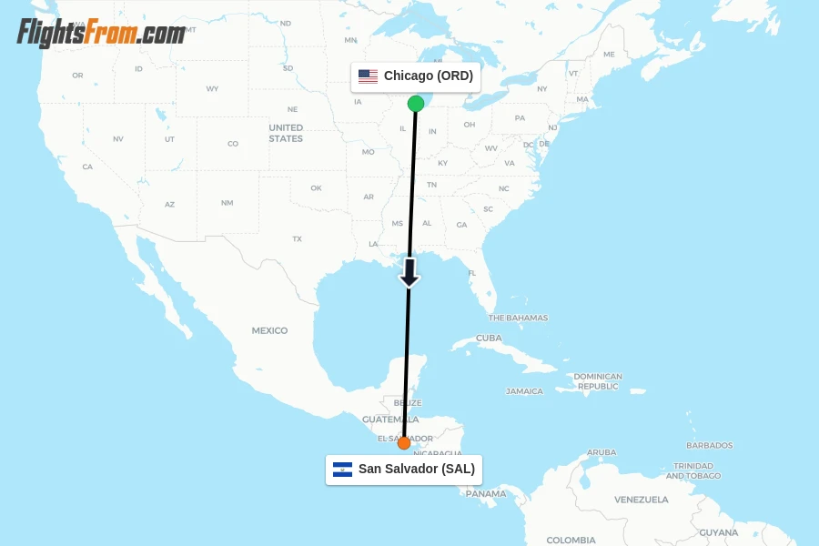 Flights from Chicago to San Salvador route map