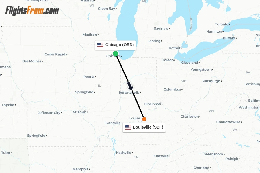 Flights from Chicago to Louisville route map