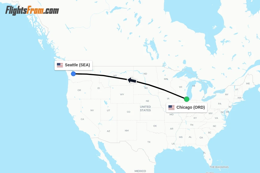 Flights from Chicago to Seattle route map