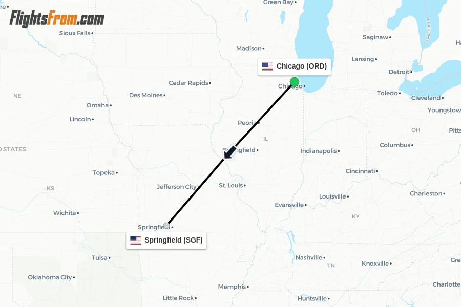 Flights from Chicago to Springfield route map