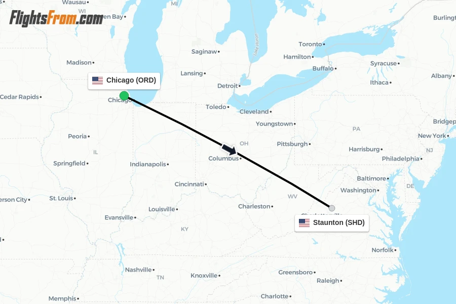 Flights from Chicago to Staunton route map