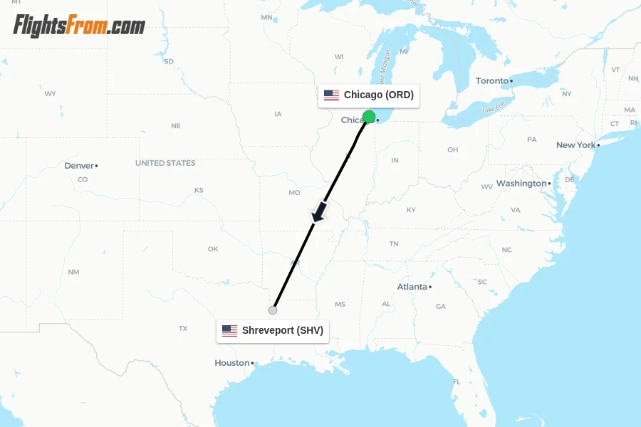 Flights from Chicago to Shreveport route map