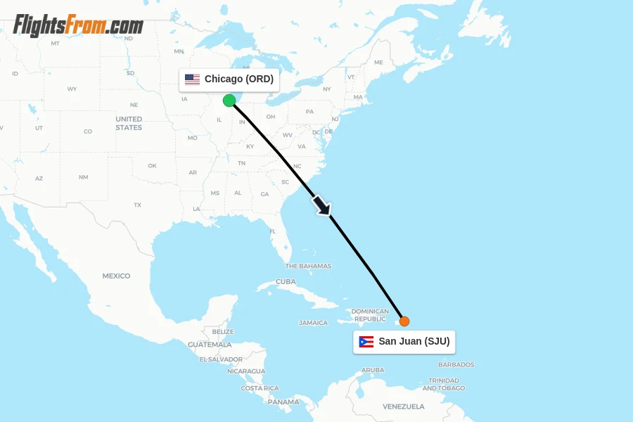 Flights from Chicago to San Juan route map