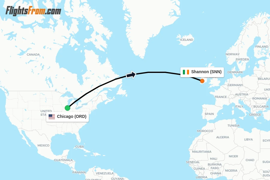 Flights from Chicago to Shannon route map
