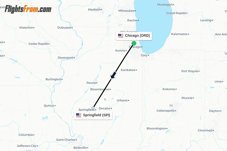 Flights from Chicago to Springfield route map