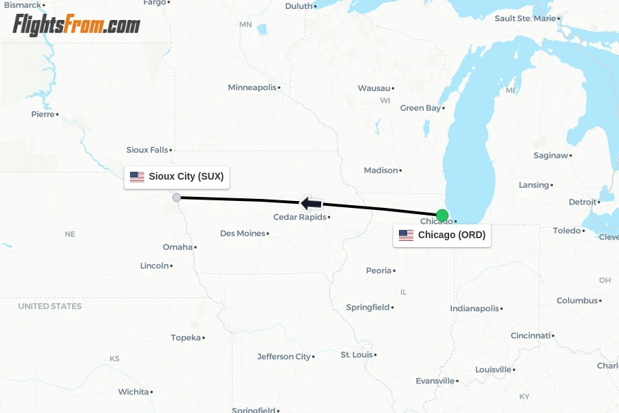 Flights from Chicago to Sioux City route map