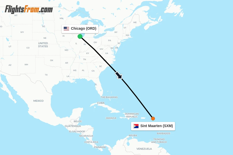 Flights from Chicago to Sint Maarten route map