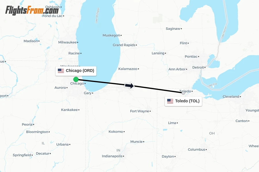 Flights from Chicago to Toledo route map
