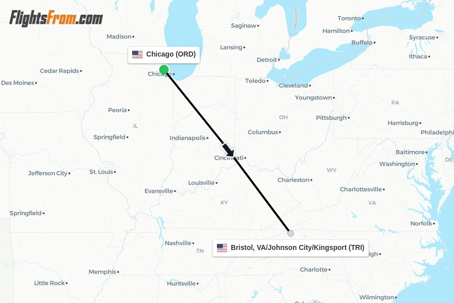 Flights from Chicago to Bristol, VA/Johnson City/Kingsport route map