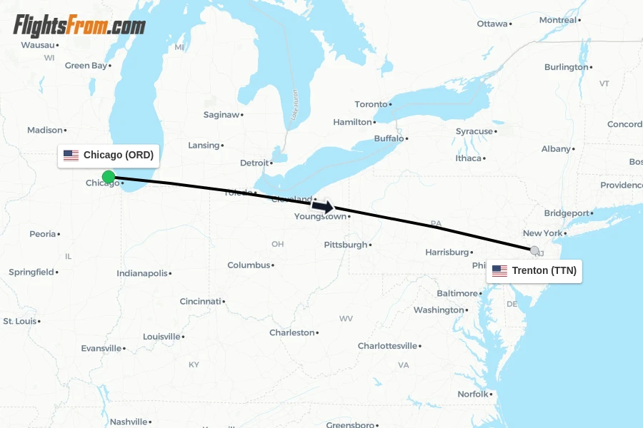 Flights from Chicago to Trenton route map