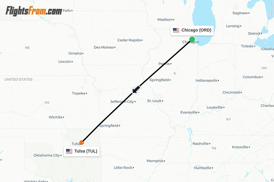 Flights from Chicago to Tulsa route map