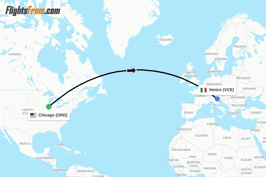 Flights from Chicago to Venice route map