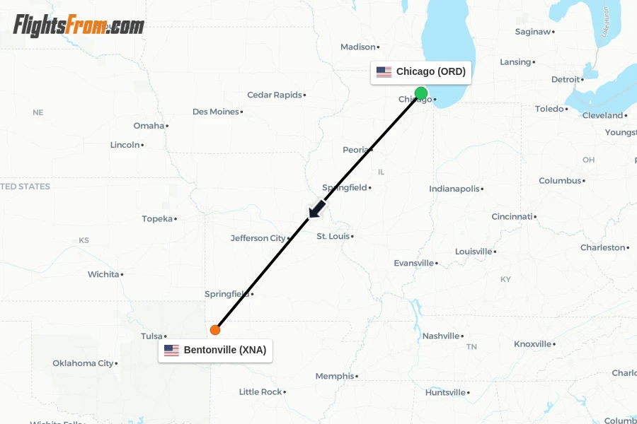 Flights from Chicago to Bentonville route map
