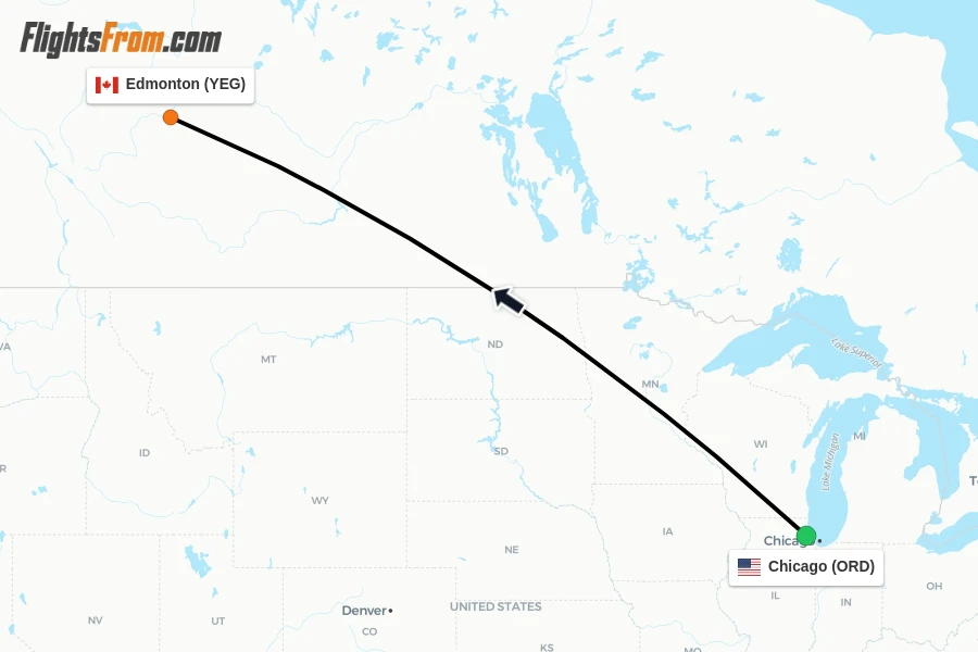 Flights from Chicago to Edmonton route map