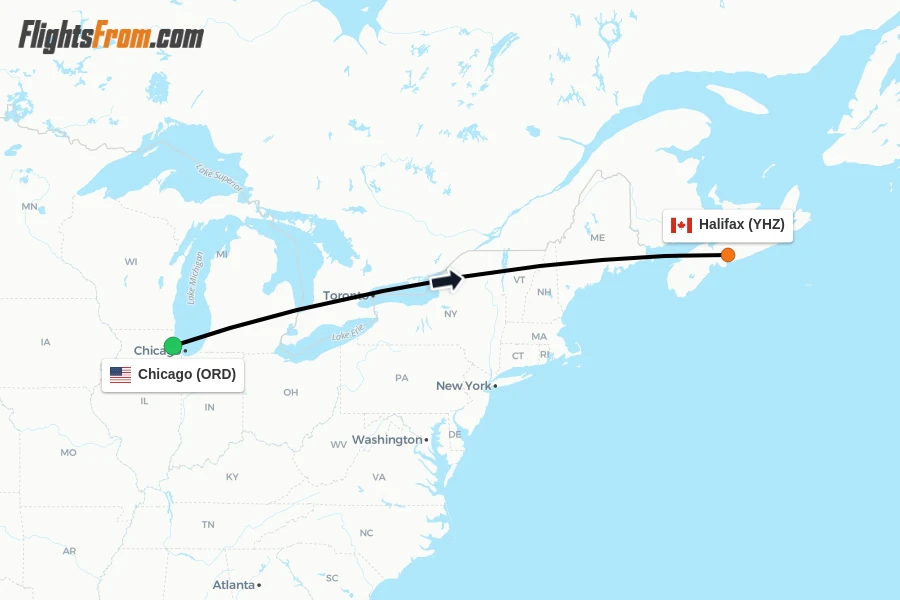 Flights from Chicago to Halifax route map