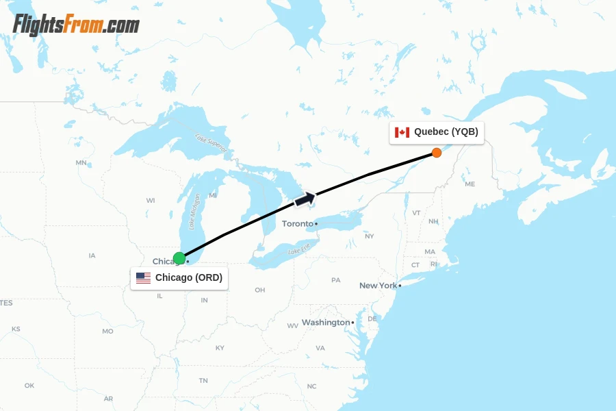 Flights from Chicago to Quebec route map