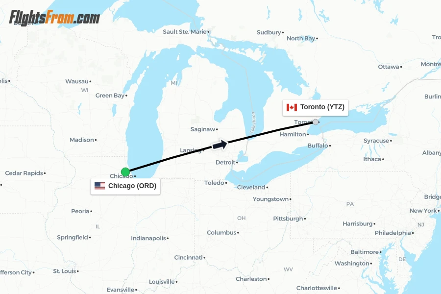 Flights from Chicago to Toronto route map