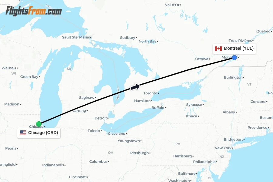Flights from Chicago to Montreal route map