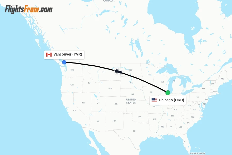 Flights from Chicago to Vancouver route map