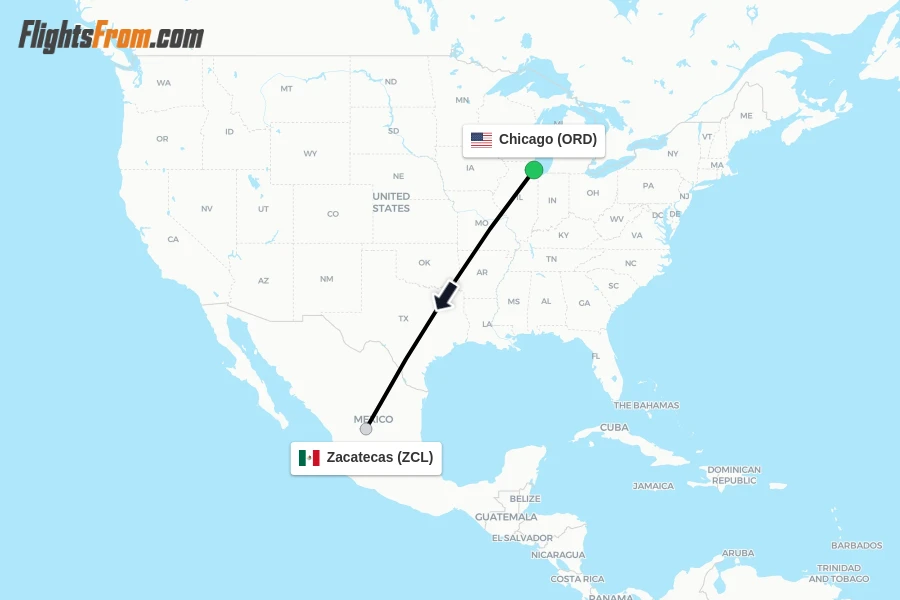 Flights from Chicago to Zacatecas route map