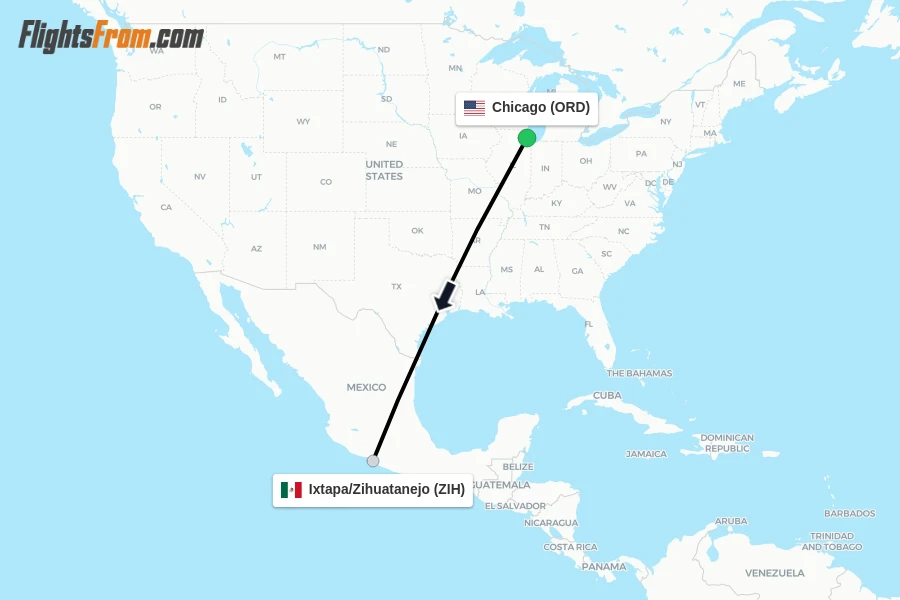 Flights from Chicago to Ixtapa/Zihuatanejo route map