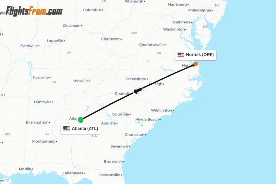 Flights from Norfolk to Atlanta route map