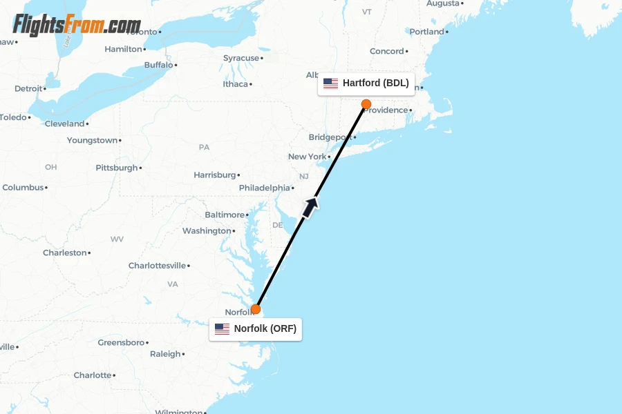 Flights from Norfolk to Hartford route map