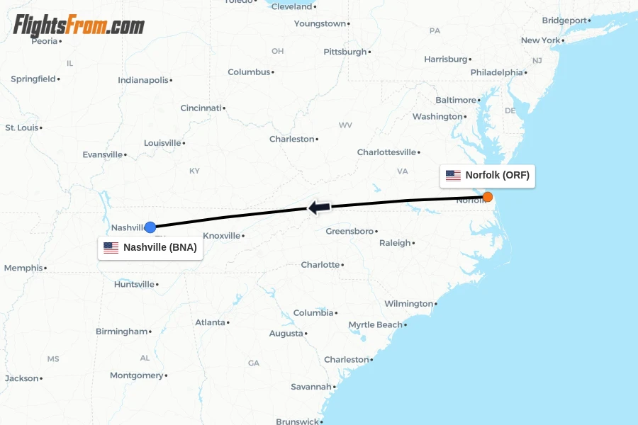 Flights from Norfolk to Nashville route map