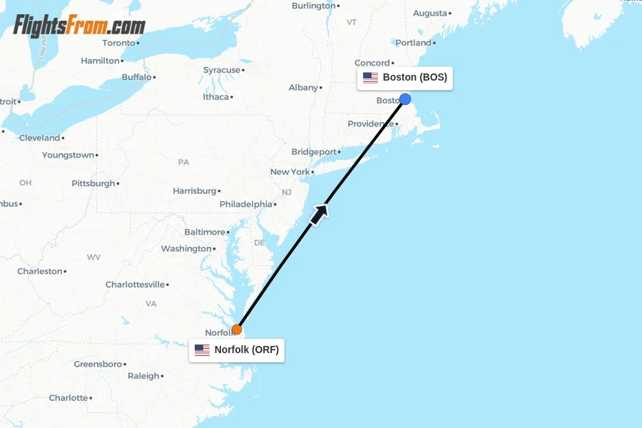 Flights from Norfolk to Boston route map