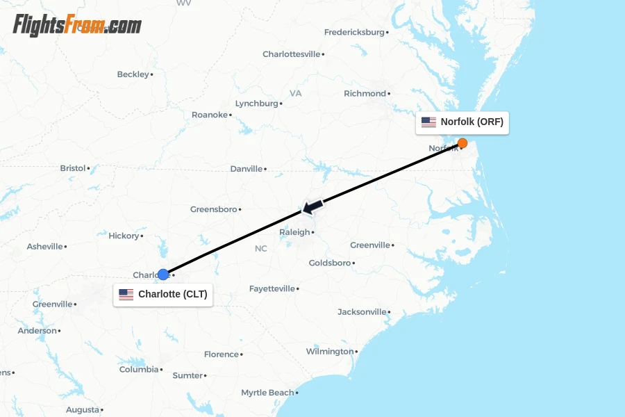 Flights from Norfolk to Charlotte route map