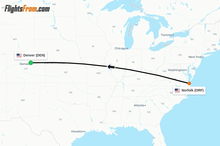 Flights from Norfolk to Denver route map
