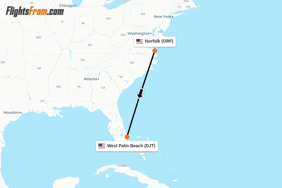 Flights from Norfolk to West Palm Beach route map