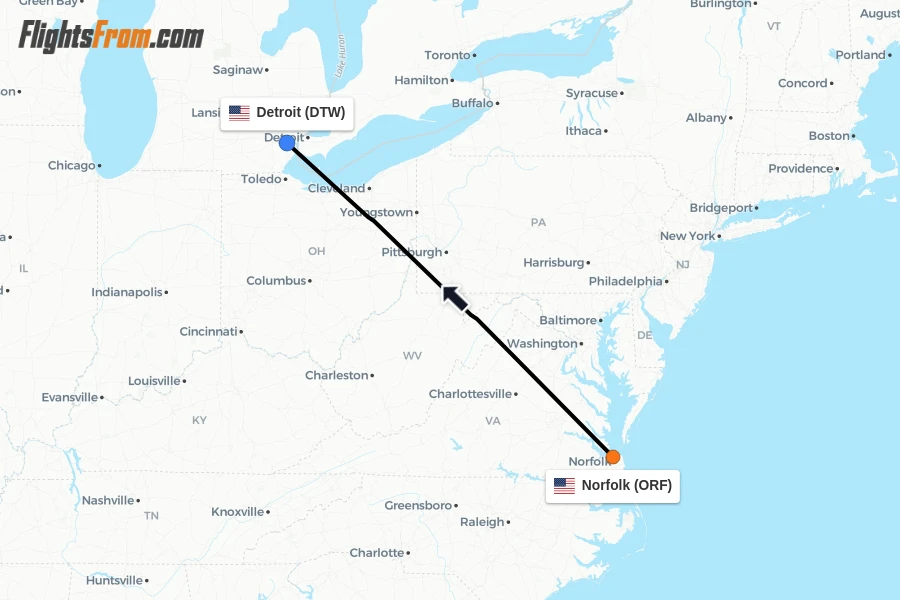 Flights from Norfolk to Detroit route map