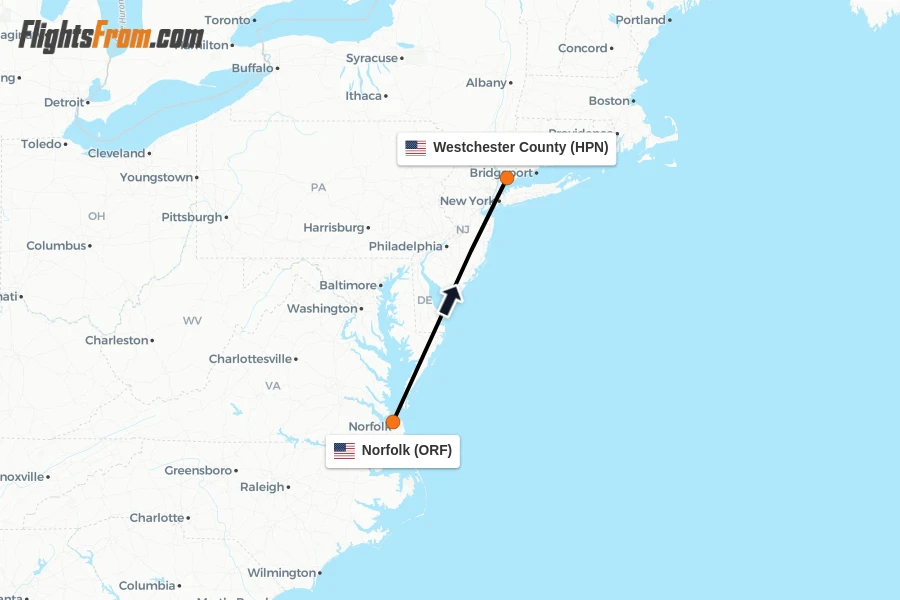 Flights from Norfolk to Westchester County route map