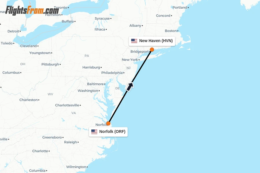 Flights from Norfolk to New Haven route map