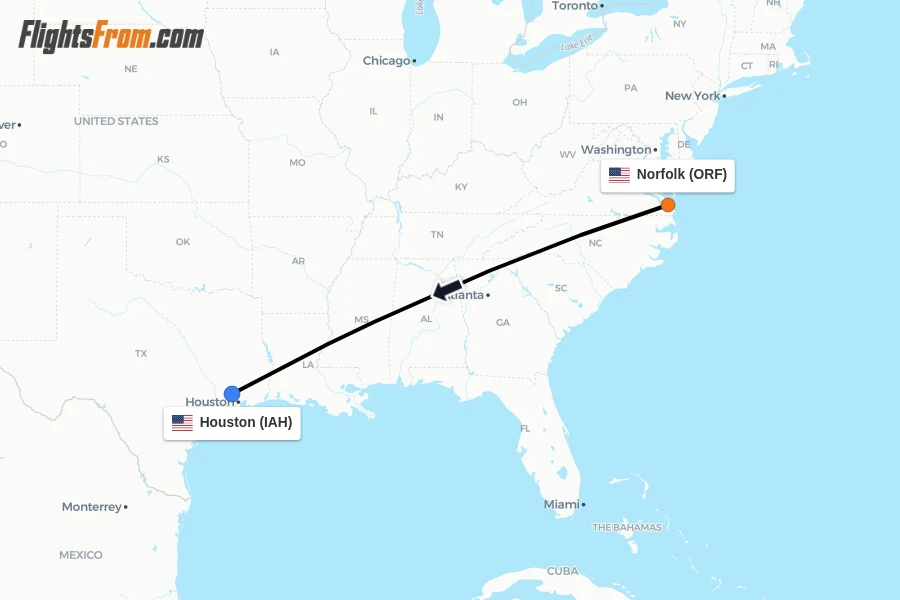 Flights from Norfolk to Houston route map