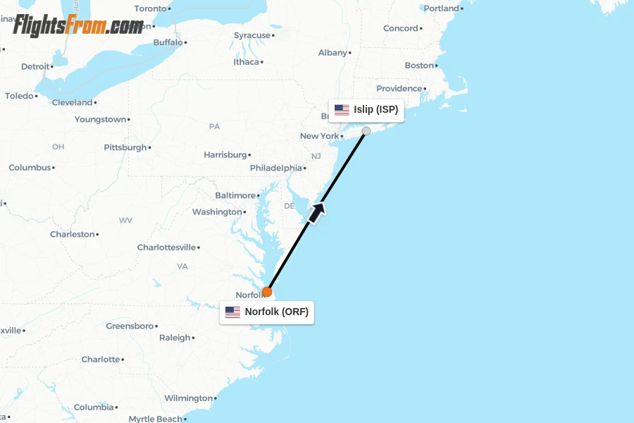 Flights from Norfolk to Islip route map