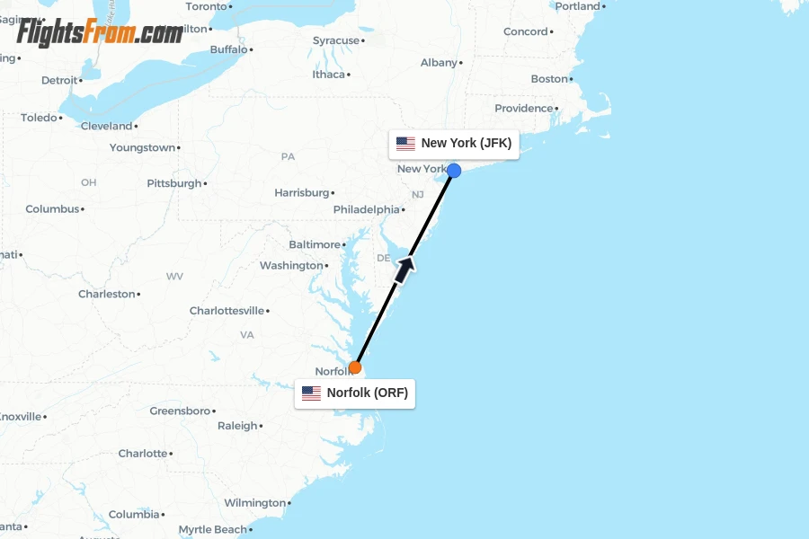 Flights from Norfolk to New York route map