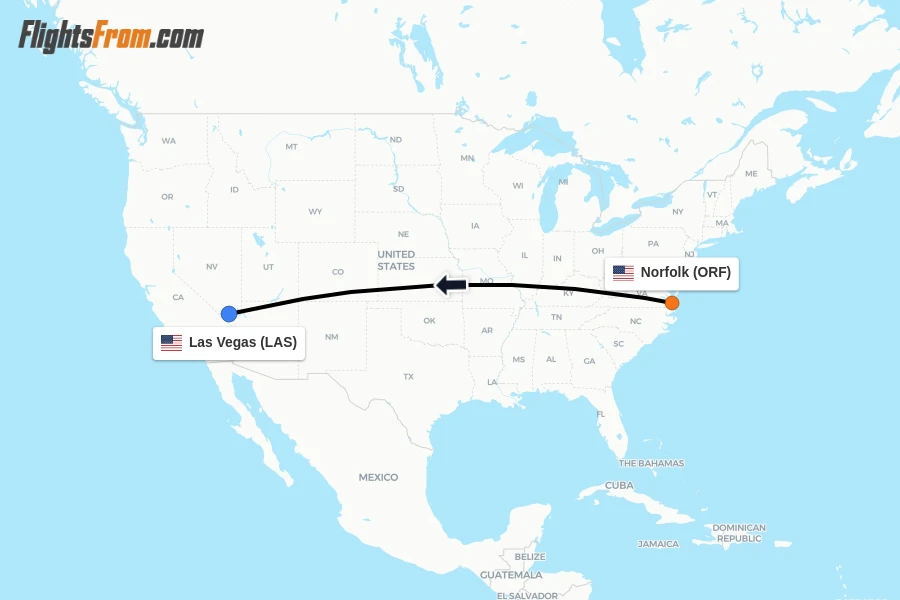 Flights from Norfolk to Las Vegas route map