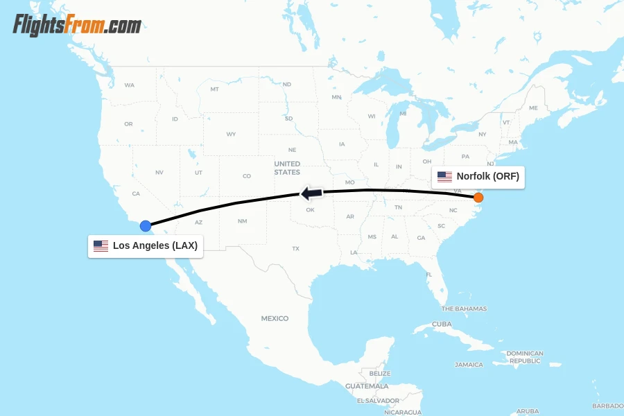 Flights from Norfolk to Los Angeles route map
