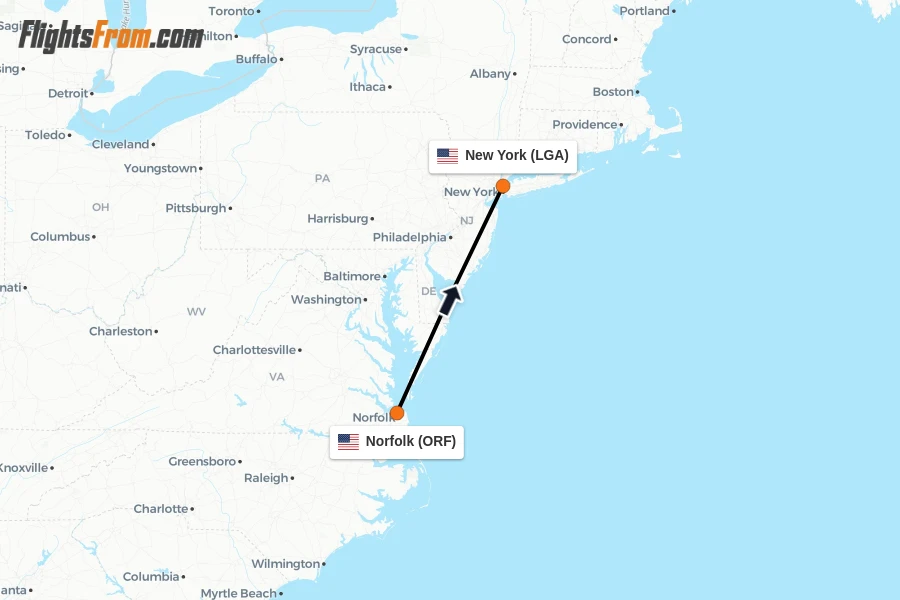 Flights from Norfolk to New York route map