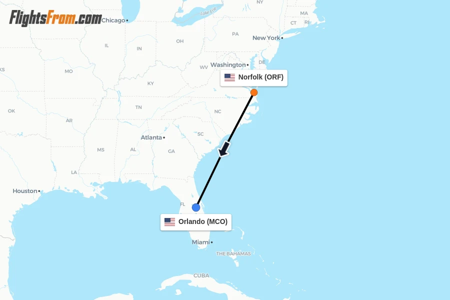 Flights from Norfolk to Orlando route map